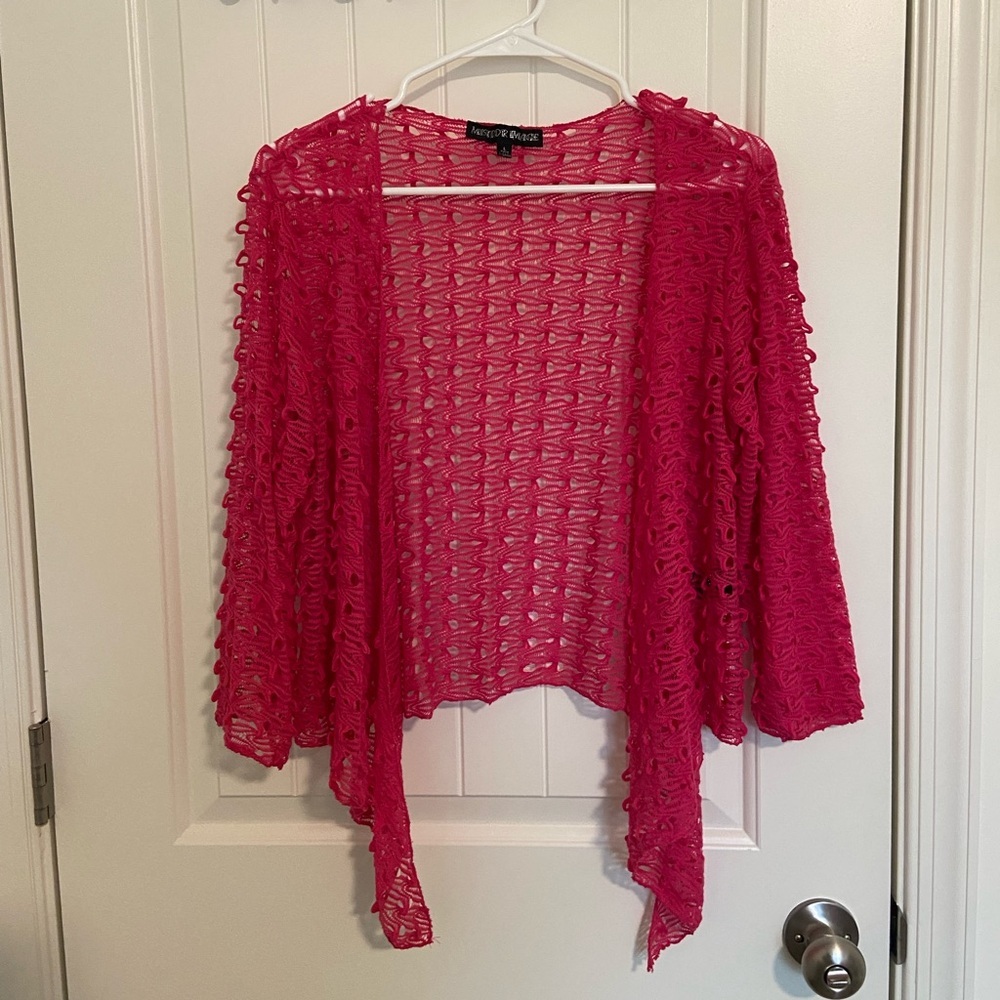 EUC Mirror Image‎ women’s bright pink crochet pattern drapey open front sweater